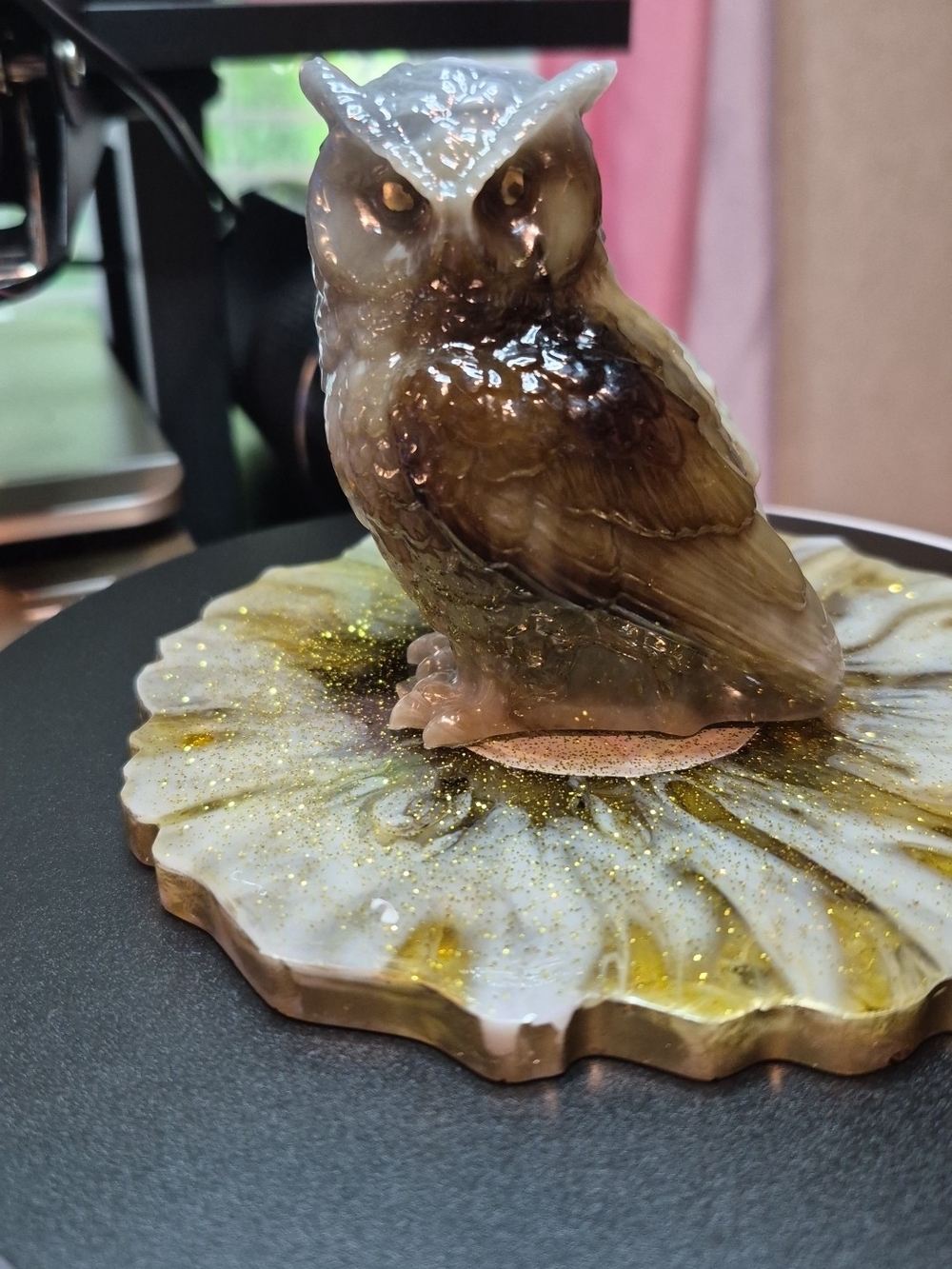 Handcrafted Brown and Cream Resin Owl Figurine with Decorative Base